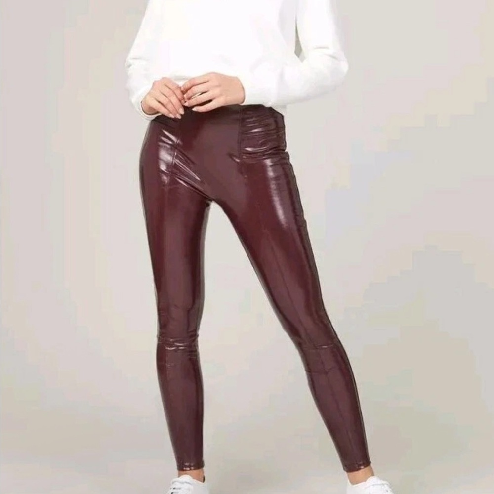 SPANX Red Burgundy Faux Patent Leather Leggings size M NWOT
